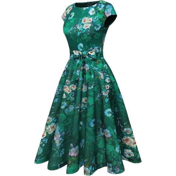 Dresstells Women's Green Flower Modest Vintage Cocktail Formal Party Dresses - Picture 3 of 4